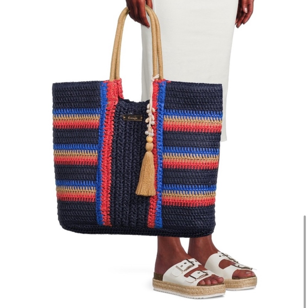 🛑 Black Blue and Red Striped Tote Beach Straw Raffia Bag